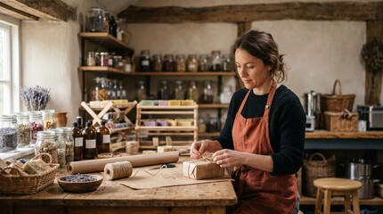 Fototapeta premium Woman making soap and packaging gifts in artisanal workshop