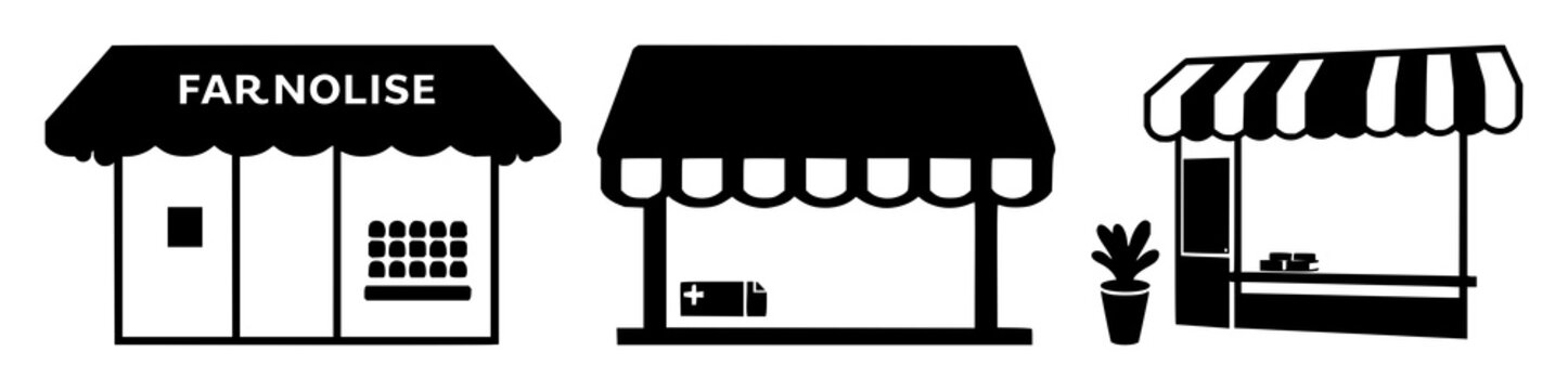 Solid black icon, white background: franchise shop icon set with simple line art design featuring outline, illustration, graphic elements with clean design and vector art