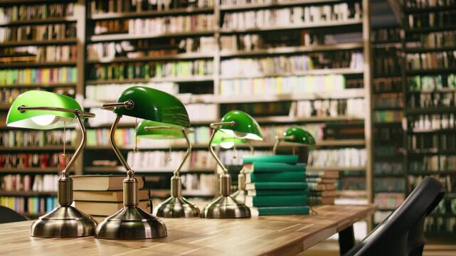 Tall stack of books on library table with green lamps against bookshelves, study materials ensuring academic environment for reading and research content, Empty library interior with warm lighting.
