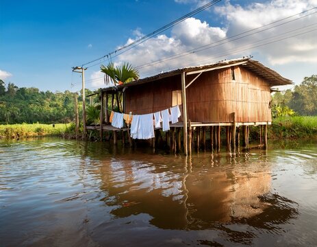 stilt house on river with laundry drying
