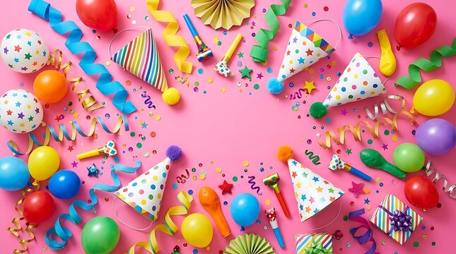 Birthday Party Essentials: A vibrant collection of birthday party decorations including balloons, party hats, confetti, streamers, and noisemakers arranged on a bright pink background.