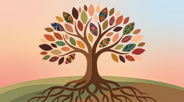 cultural heritage art, an abstract family tree with diverse leaves showcasing vibrant heritage patterns