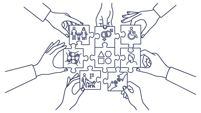 Hands holding puzzle pieces with diversity and inclusion icons symbolizing social unity.