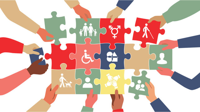 People holding colored puzzle pieces representing diversity equity and social inclusion.