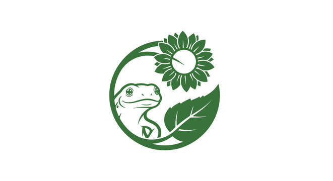 Green lizard and sunflower leaf circular logo design.