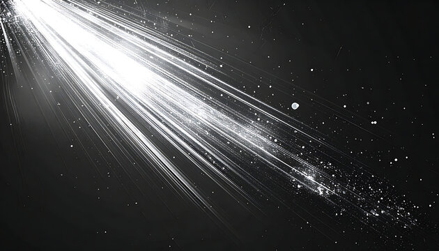 Abstract burst of glowing white light particles on dark background, dynamic motion streaks, energy explosion, digital sparks