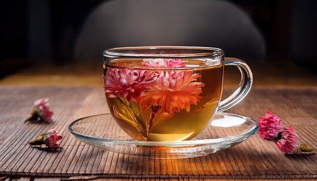 glass cup filled with fragrant chinese tea infused with flowers pictures