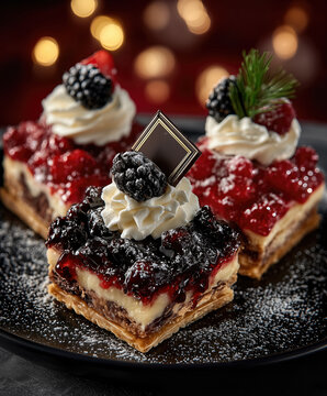 Delicious berry layered pastries with whipped cream and chocolate on a black plate