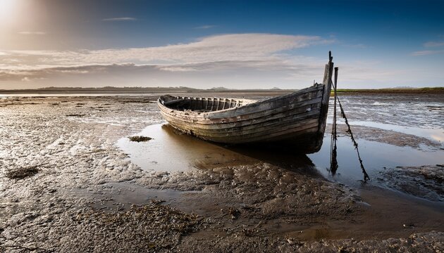 abandoned wooden boat in mudflat at low tide