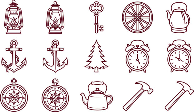 A collection of vintage nautical and household including lanterns, keys, a wagon wheel, teapots, anchors, pine trees, clocks, and hammers