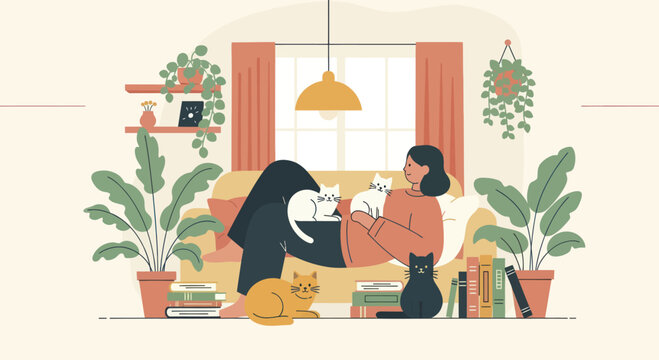 Woman relaxing on sofa with multiple cats in a cozy home environment.