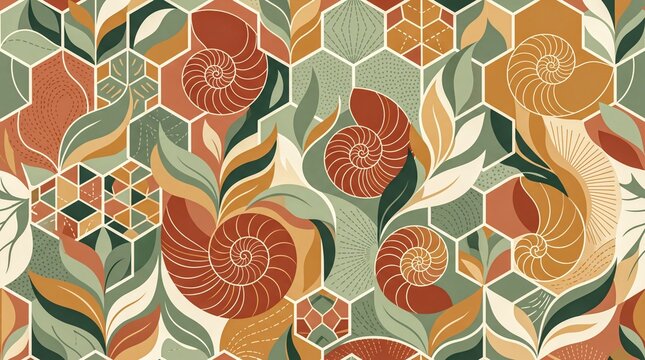 nature-inspired design, abstract design featuring interlocking geometric shapes and stylized leaves