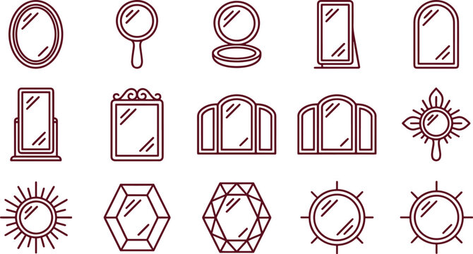 Fifteen mirror featuring various shapes, including oval, rectangular, vanity, and sunburst styles in a dark maroon outline