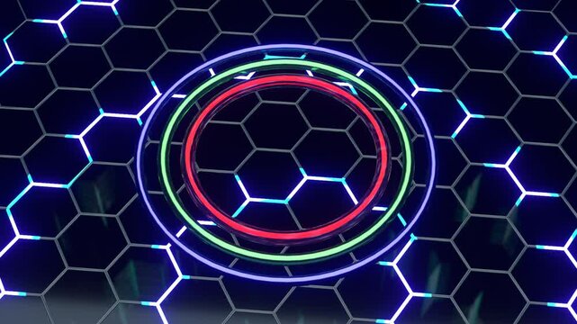 10 seconds seamless looping 3 shiny rings central loop star shape spinning rotating  turning hexagon grid pulsing movement black background animation screensaver visualizer hd video
