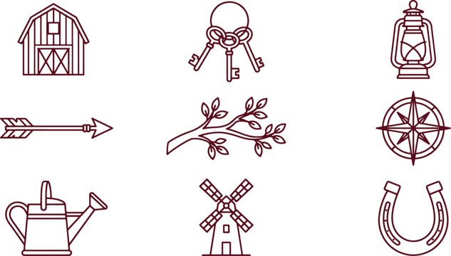 Rustic collection featuring farm barns, keys, lanterns, arrows, tree branches, compasses, watering cans, windmills, and horseshoes in line