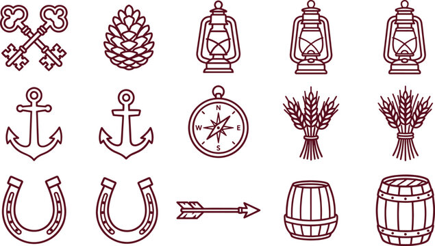 Set of rustic vintage featuring keys, pinecones, lanterns, anchors, compass, wheat sheaves, horseshoes, arrows, and wooden barrels