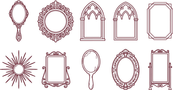 Set of ten decorative mirror featuring ornate, gothic, and sunburst frames in a dark red line for home decor
