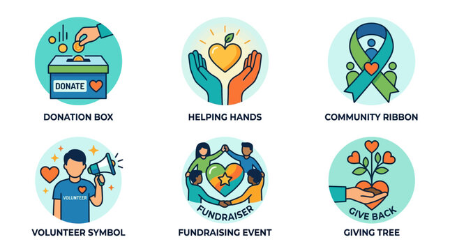A fundraising event with helping hands holding a donation box and a community ribbon for charity.