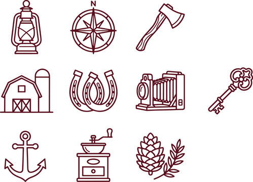 Set of vintage and rustic including a lantern, compass, axe, barn, horseshoe, camera, key, anchor, coffee grinder, and pine cone on white