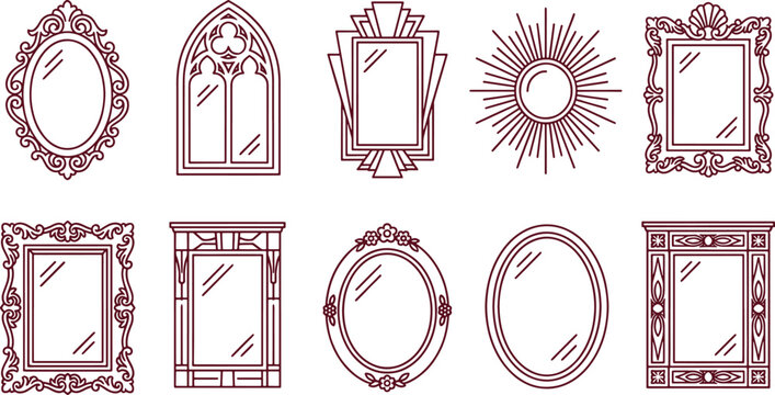 Set of ten decorative mirrors with diverse frame styles including oval, rectangular, gothic arch, and sunburst patterns in outline