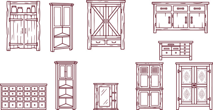 A collection of rustic wooden furniture pieces including cabinets, cupboards, shelves, and storage units in a dark red line style