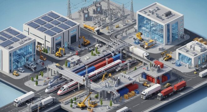 Isometric illustration of a modern industrial logistics hub with trains and trucks.