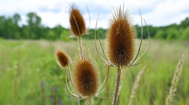 Dried Teasel Seed Heads Standing Tall in Green Meadow Background, Brown Wildflower Spikes, Seasonal Transition, Natural Grassland Landscape and Autumn Countryside Ecology