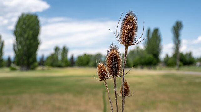 Dried Teasel Seed Heads Standing Tall in Green Meadow Background, Brown Wildflower Spikes, Seasonal Transition, Natural Grassland Landscape and Autumn Countryside Ecology