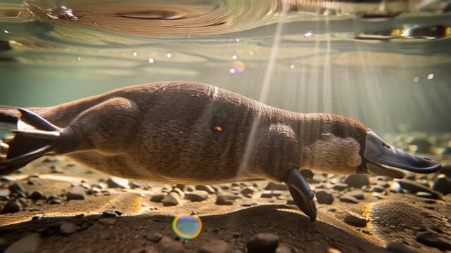 A unique platypus swims underwater in a shallow riverbed, its distinctive bill and webbed feet propelling it through the clear, sun-dappled water.