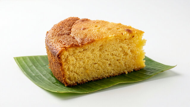 Slice of Brazilian Corn Cake with Golden Crust and Moist Yellow Crumb Served on Green Banana Leaf on White Background