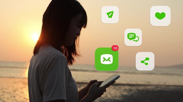 A young East Asian woman interacts with her smartphone during a golden sunset, with graphic chat bubbles, hearts, and link sharing icons popping up around her profile.