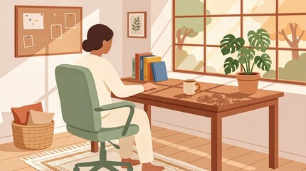 Fototapeta premium home office design, a cozy home office features a green ergonomic chair, wooden desk, and a potted monstera, bathed in warm sunlight
