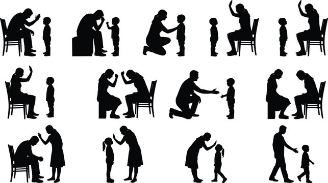Parents scolding and comforting children vector silhouette set featuring stressed adults family conflict discipline and emotional support gestures