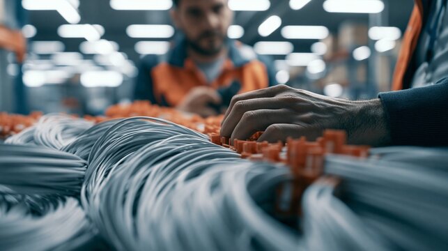 Focused view of sleek fiber optic bundles being labeled with heatshrink tags by a technician highlighting crisp cables in the foreground with softly diffused modern fulfillment