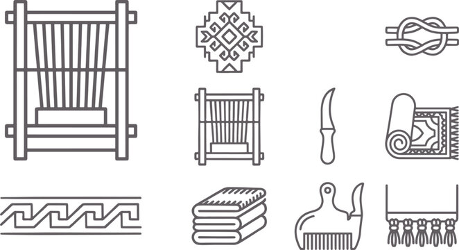 Collection of carpet making and textile featuring looms, knots, rugs, and weaving tools on a white background