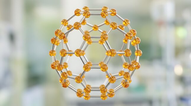Detailed rendering of a buckminsterfullerene molecule with orange spheres and connecting lines against a blurred laboratory background