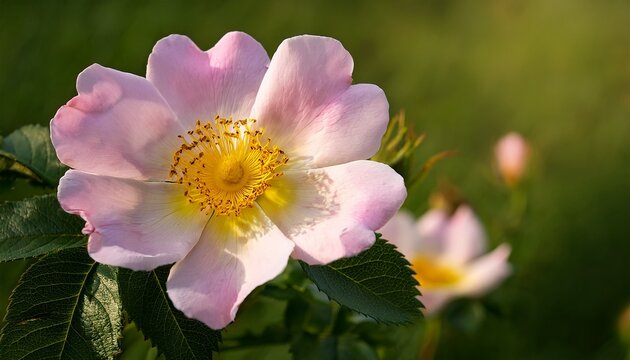 Gros Plan Sur Des Fleurs D Un Rosier Sauvage Petales De Couleur Rose Clair Et Coeur Jaune Dominante D Herbes Vertes En Arriere Plan