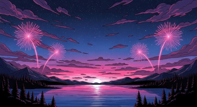 Vibrant anime style fireworks over a tranquil lake at sunset