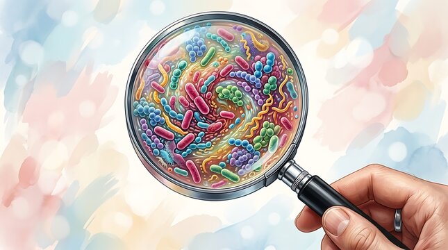 Magnifying glass examining colorful bacteria and microorganisms under observation scientific research and medical analysis illustration