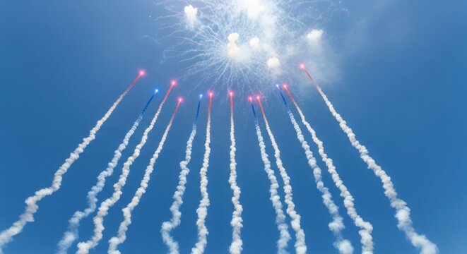 Red and blue pyrotechnics ascend into a clear blue sky with smoke trails