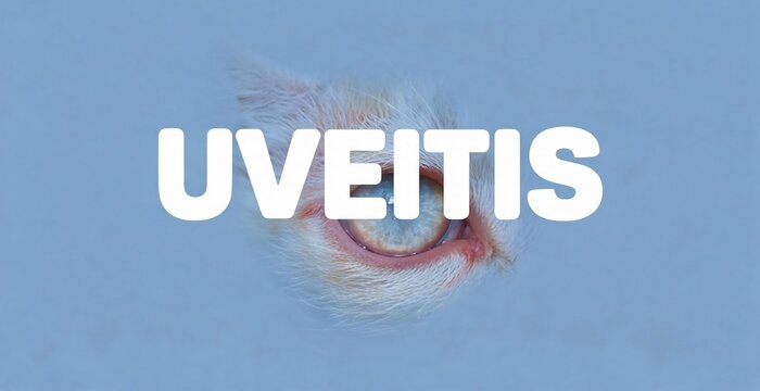 A close-up artistic depiction of a human eye afflicted with uveitis, showing inflammation and redness. The word UVEITIS is prominently displayed in bold white letters, superimposed over the eye.
