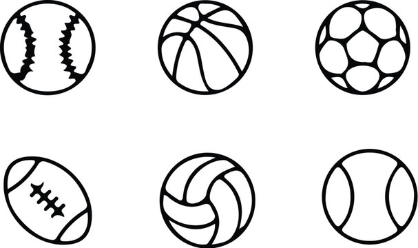Black line icons of various sports balls