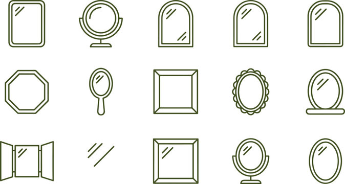 Collection of various mirror styles including rectangular, round, arched, and vanity mirrors in a dark green line style on white background