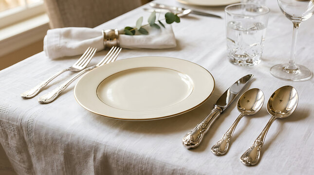 Elegant dining setting with gold-trimmed plate and vintage silverware, ready for a formal meal