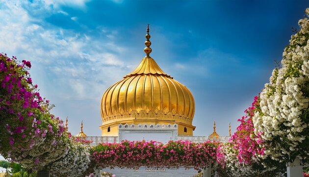 majestic golden dome of a sikh gurdwara framed by colorful flowers symbolizing the beauty of faith and devotion
