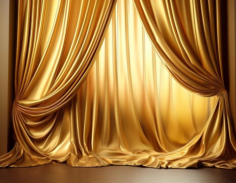 thick golden curtains with a high thread count creating a luxurious backdrop with soft folds