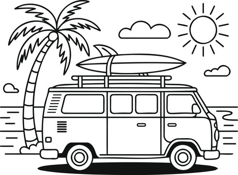 Retro camper van loaded with a surfboard parked near a palm tree on a sunny beach illustration