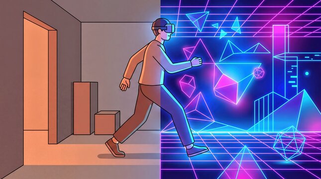 digital immersion experience, a person transitions from a muted physical world into a vibrant digital landscape