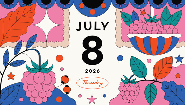 Colorful artistic calendar design featuring july eighth date and raspberry fruit