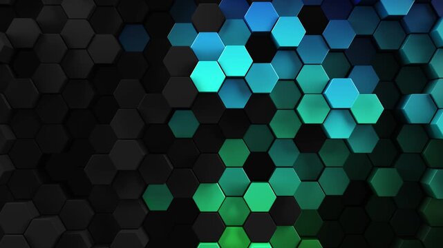 3d rendered patterned hex shapes background in black and a rainbow of color. Abstract backgrounds of hexagonal patterns in dark looping colors. Collage of hexagons in a random smooth loop movement.